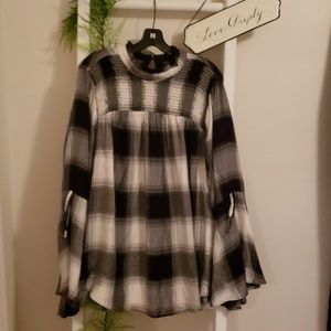 Smocked,  bell sleeve plaid top